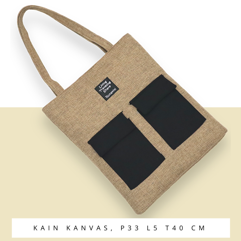 Jual >MONGGO COD Tas Tote Bag Hitam Sablon Gambar kantong depan TAS
