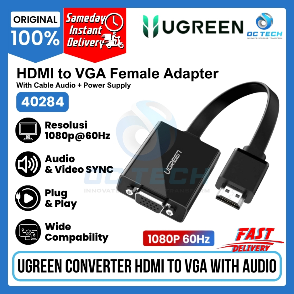 Jual Ugreen Adapter Converter HDMI Male to VGA Female with Audio and