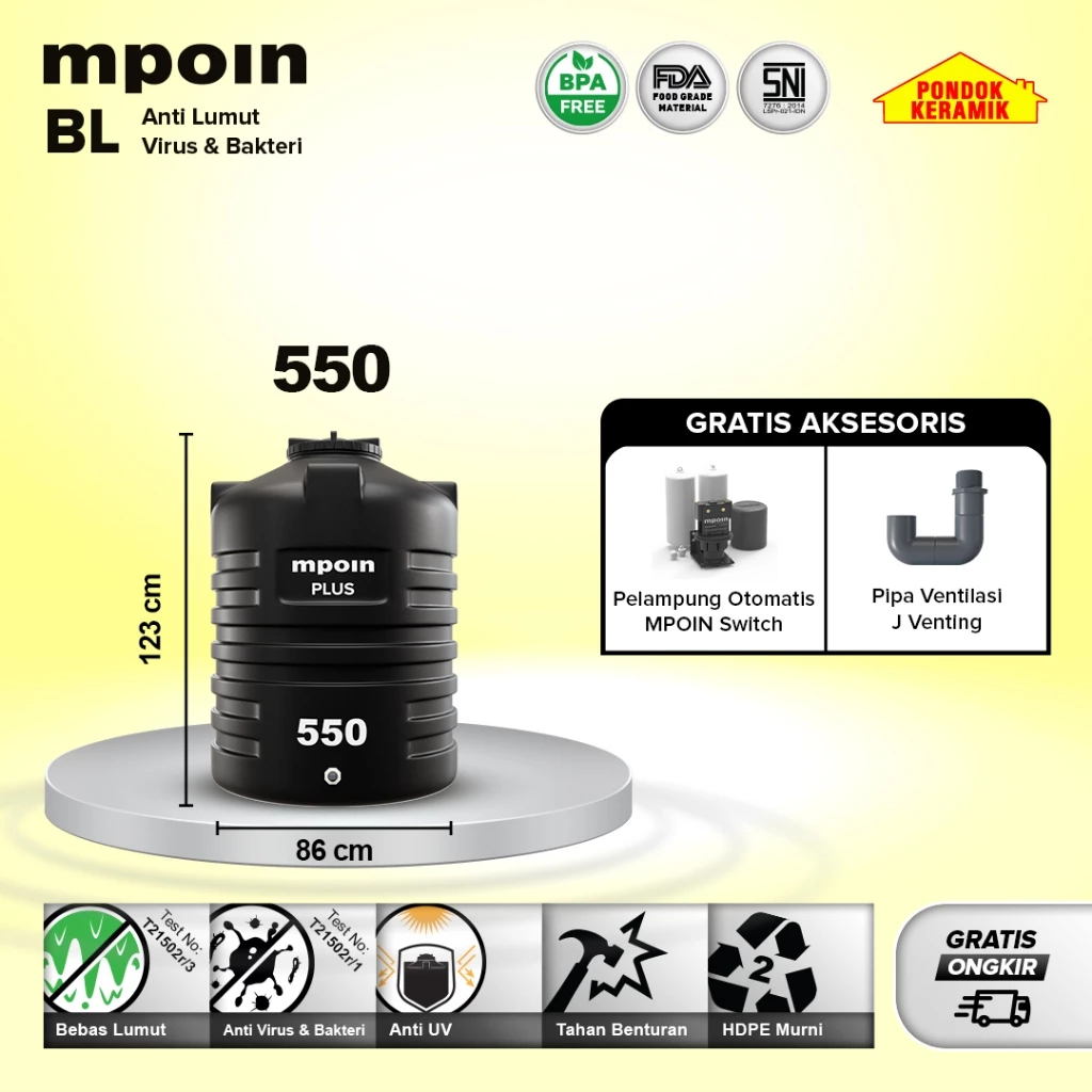 Tandon Mpoin Plus Tall 550 L Tangki Tandon Air Toren Anti Lumut Garansi 25 Tahun