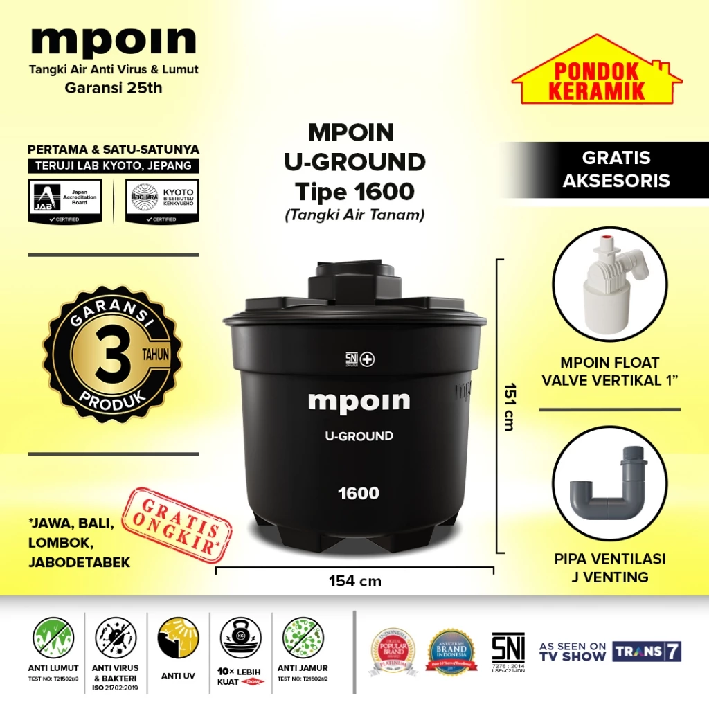 Tandon Mpoin U-Ground 1600 L Tangki Tandon Air Toren Anti Lumut Garansi 25 Tahun