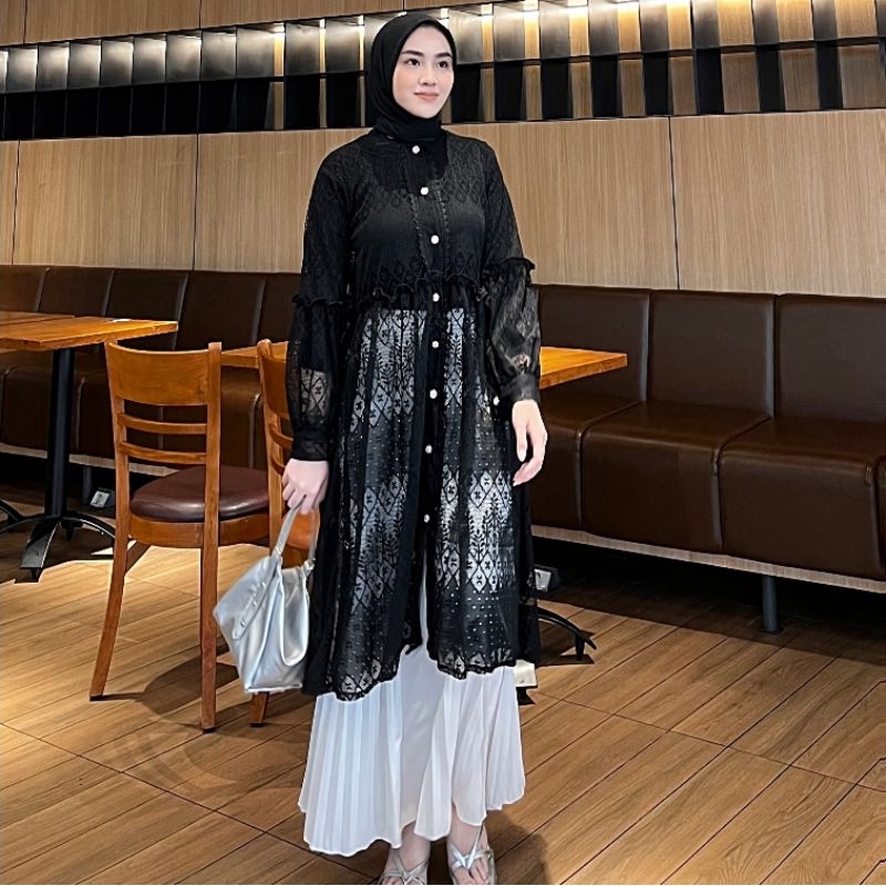 Jual Black Outer Brukat Cardigan Brokat Lengan Panjang atasan outher