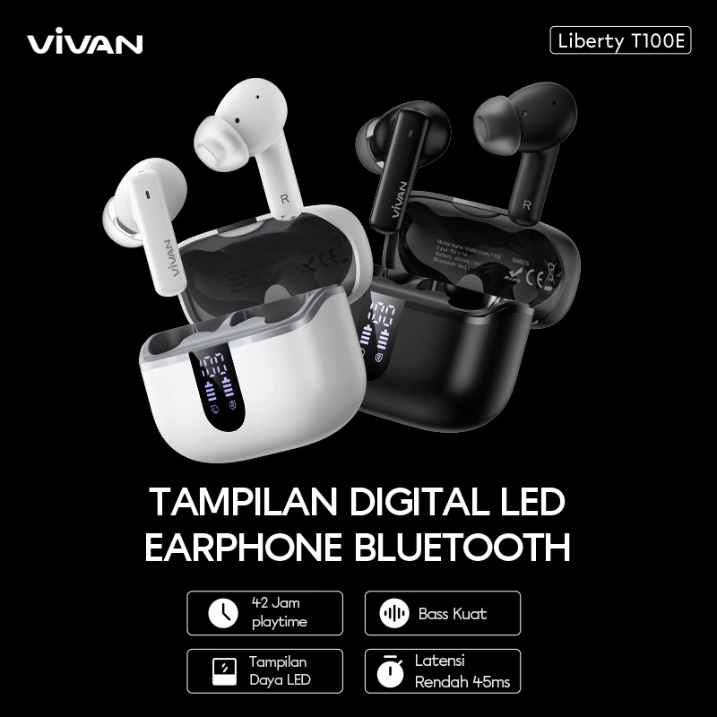 VIVAN Liberty T100E TWS Earphone Headset Headphone Bluetooth 5.3 DEEP BASS ANC ENC Garansi 1 Tahun