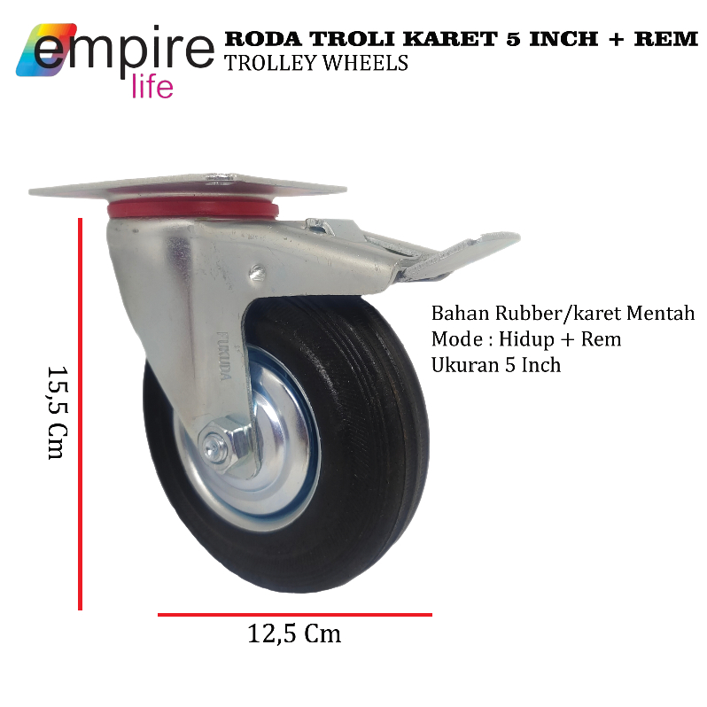 Jual Roda Karet 5 Inch Hidup + Rem 125mm | Shopee Indonesia