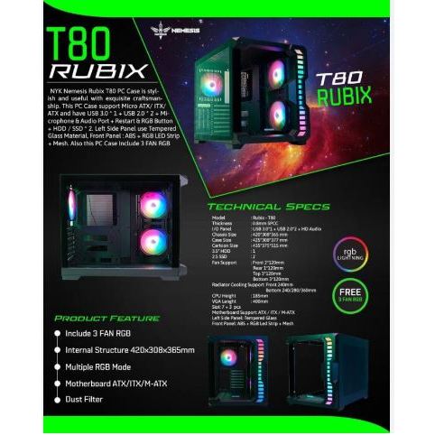 Jual Casing Komputer NYK T80 RUBIX (Bonus 3 Fan RGB) | Shopee Indonesia