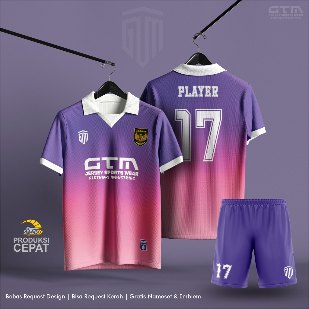 Jual JERSEY BOLA FUTSAL GRADASI UNGU PINK KERAH RETRO FREE