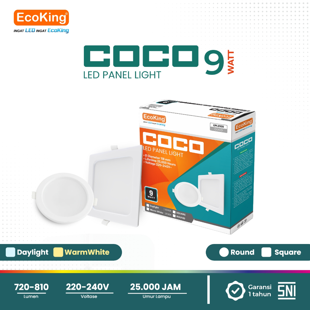 Jual EcoKing LED Coco Inbow Panel Light Downlight Lampu Plafon Rumah 9W ...