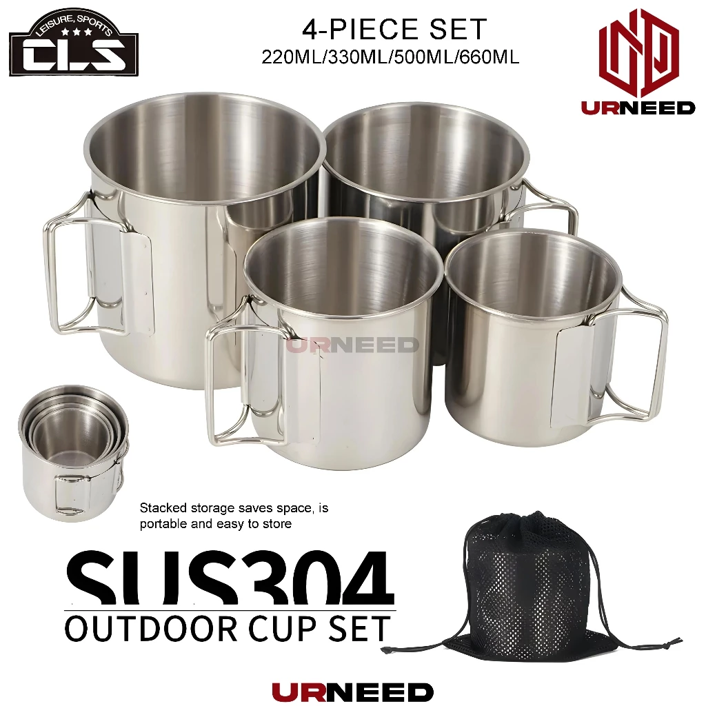 Set MUG Gelas Kopi Teh Air Minum Camping isi 4 Pcs Plus Pouch Bag 220 ml 330 ml 500 ml 660 ml
