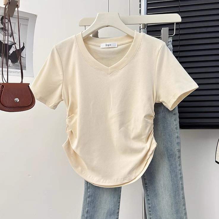 Jual Kaos V Neck Aprikot T Shirt V Neck Warna Solid Wanita T Shirt Crop Top Warna Solid Shopee