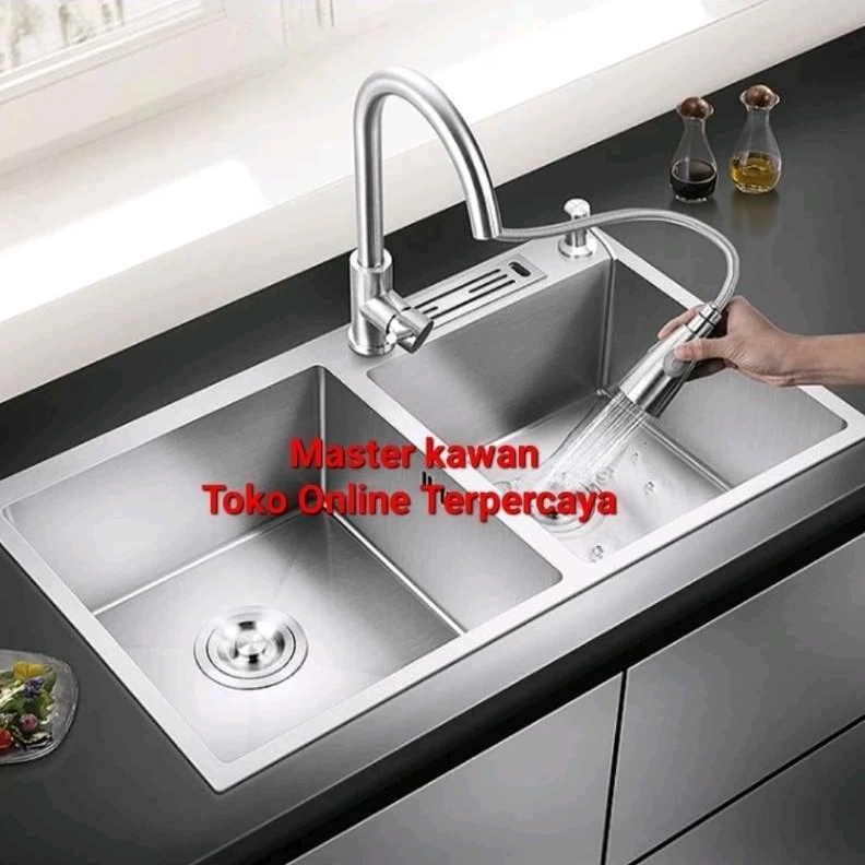 Paket Lengkap Kitchen Sink 8245 Stainless + Tempat Pisau /Sink Stainless 8245 + Kran Tarik Stainless SUS 304