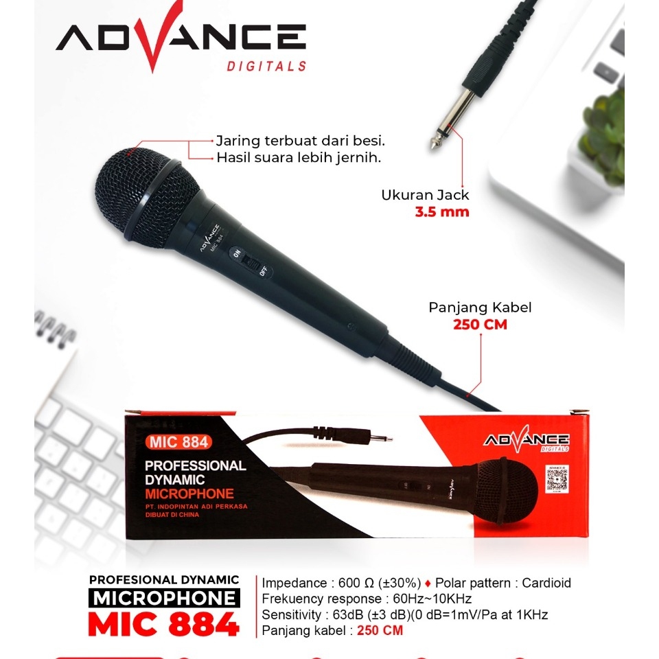 Jual Advance MIC884 Profesional Dynamic Microphone Ukuran Jack 3,5 mm