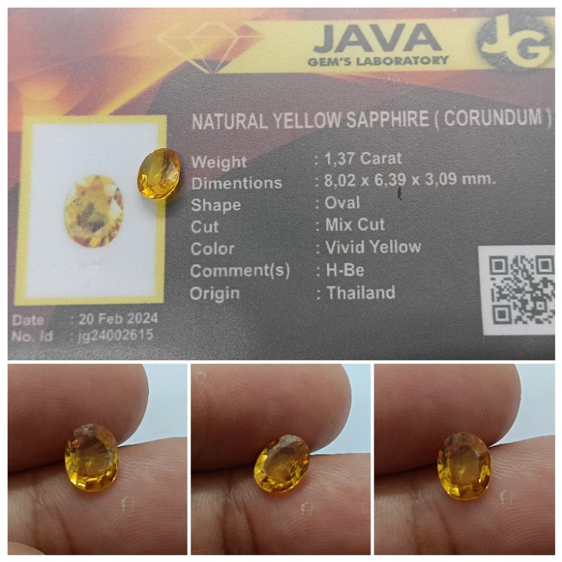 Jual Natural Yellow sapphire Thailand HBe 1,37 ct memo GLI Luster
