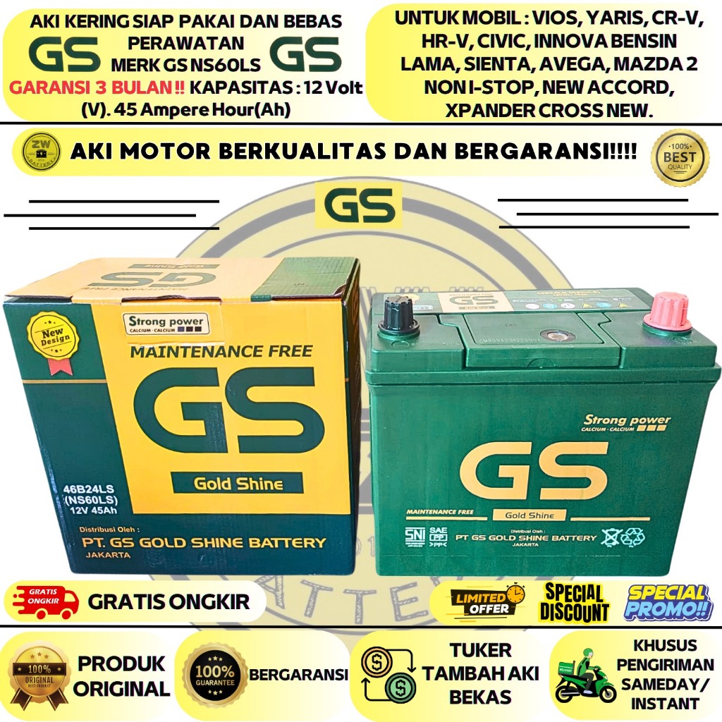 Jual AKI MOBIL HRV, CRV, YARIS, CIVIC NS60LS GS MF AKI KERING 12V / 45