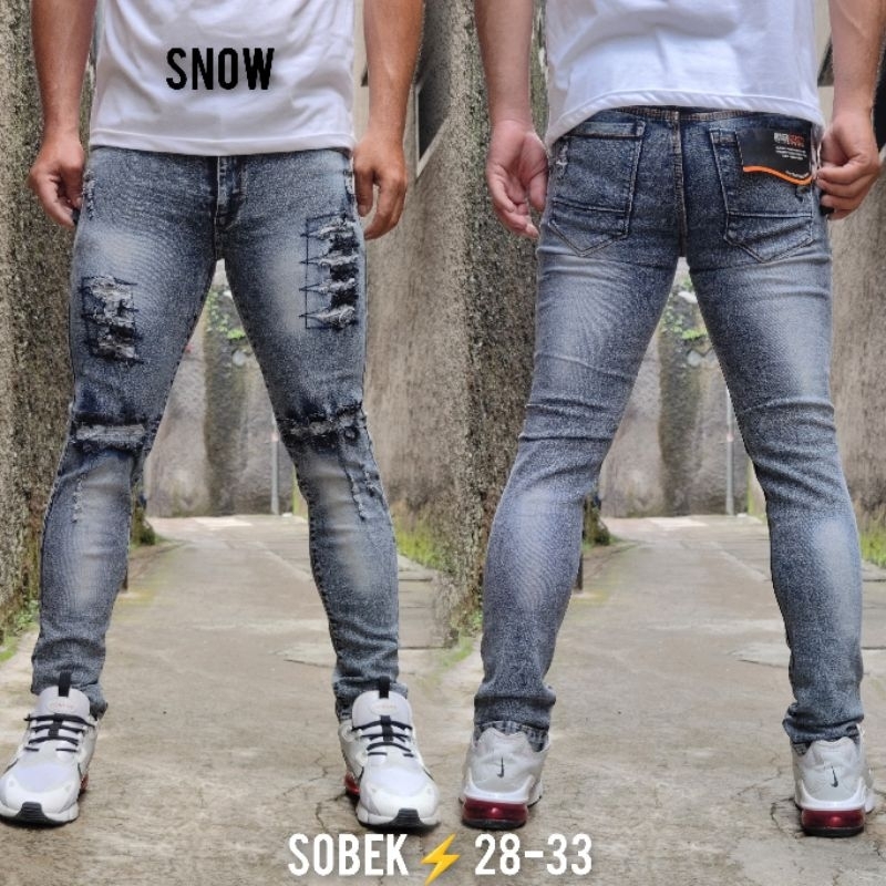Jual Celana Jeans Panjang Pria Sobek Ripped Petir Slimfit | Shopee ...