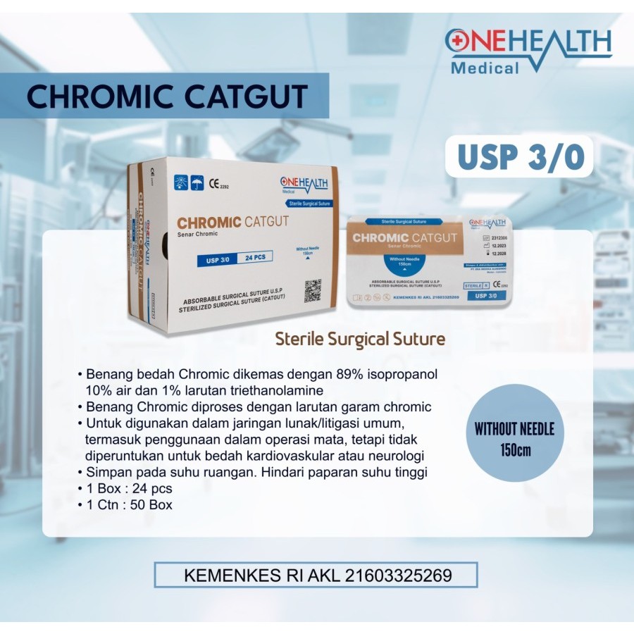 Jual Onehealth Benang Jahit Chromic Catgut Suture Without Needle 150CM ...