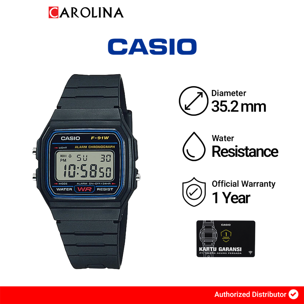 Jam Tangan Unisex Casio General F-91W-1D Classic Digital Dial Black Resin  Band