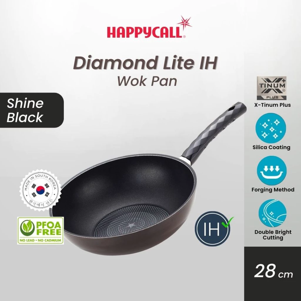 Happycall Wok Pan Induksi Diamond Lite IH 28cm Shine Black - Wajan Induksi Anti Lengket Penggorengan