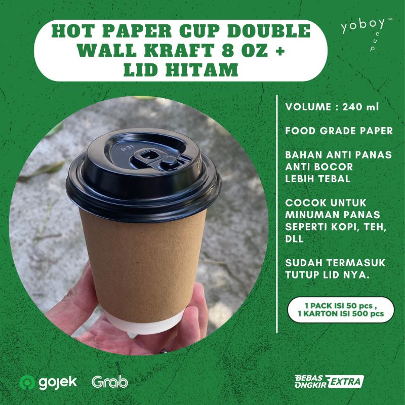 Jual HOT PAPER CUP DOUBLE WALL 8oz KRAFT (LEBIH TEBAL) + LID PUTIH ...