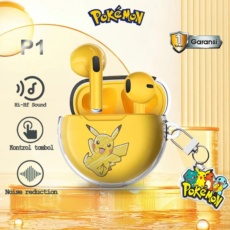 100% ori pokémon p1 tws nirkabel bluetooth earphone hifi stereo lucu pikachu