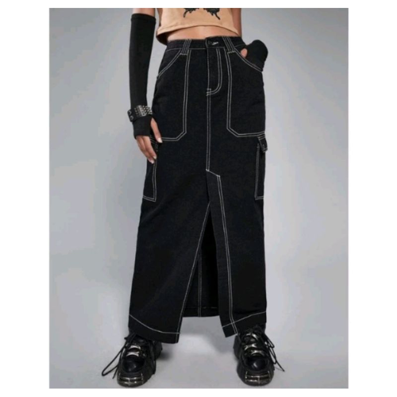 Jual black long skirt cargo/rok kargo panjang/Korean style/rok kargo ...