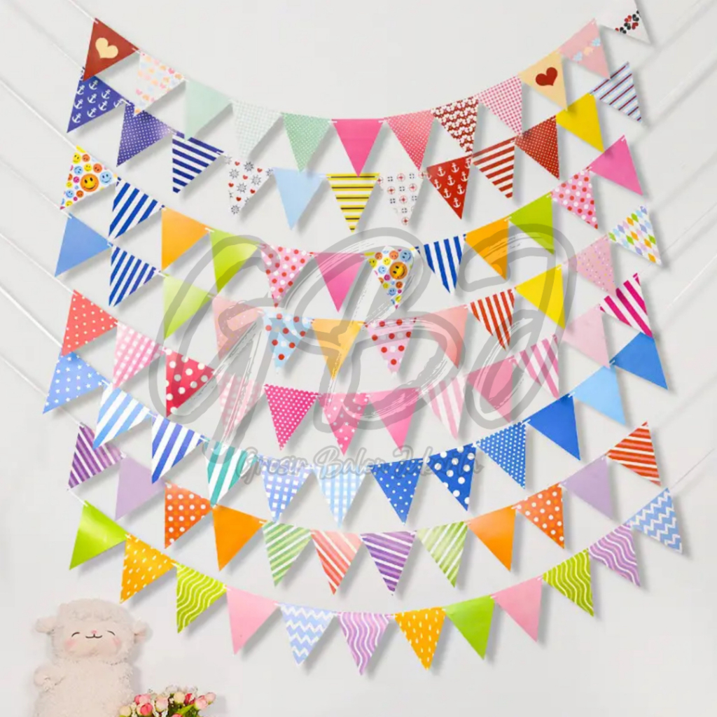 BANNER Ulang Tahun Segitiga Motif Garis / Polkadot / Flag Birthday Karakter Kuda Unicorn / Emoji Smile