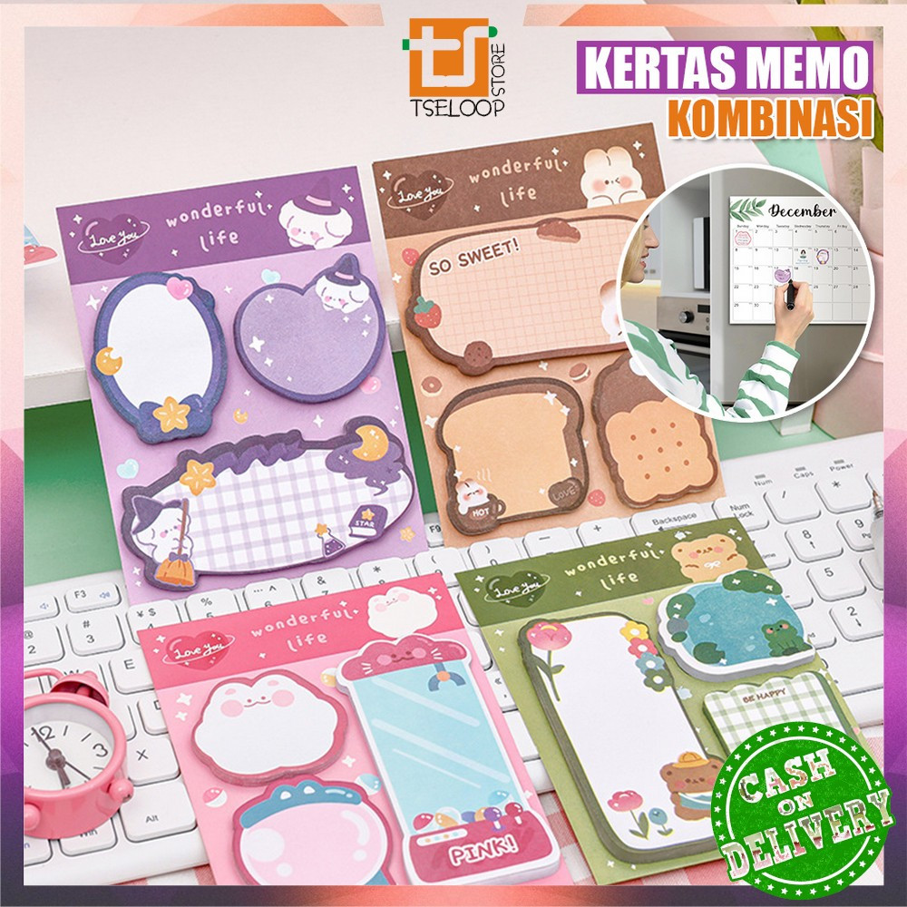 Jual OFM-A89 Sticky Note 3 IN 1 Motif Kartun Bear Cat Kertas Memo ...