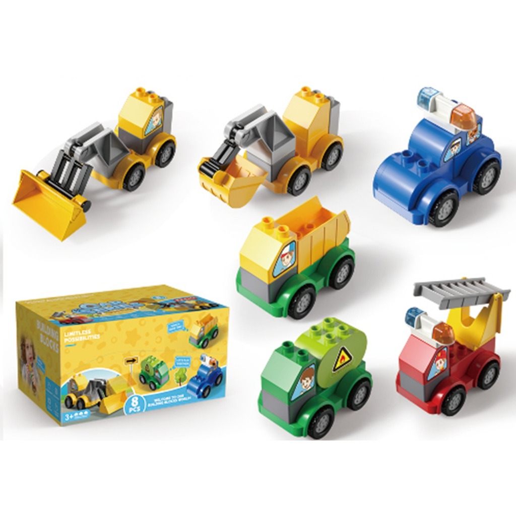 feelo car blocks compatible duplo fire truck police car excavator bulldozer  tank mainan anak balok building blocks mainan balok susun mobil mobilan