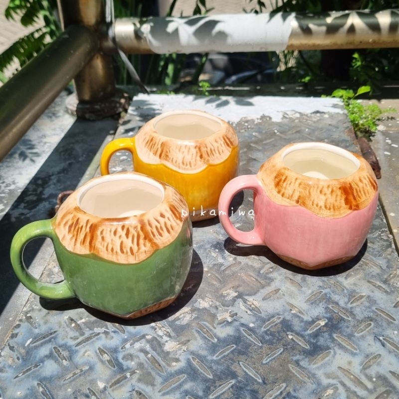 Jual MUG COCONUT GREEN / YELLOW / PINK mug keramik mug lucu mug bentuk