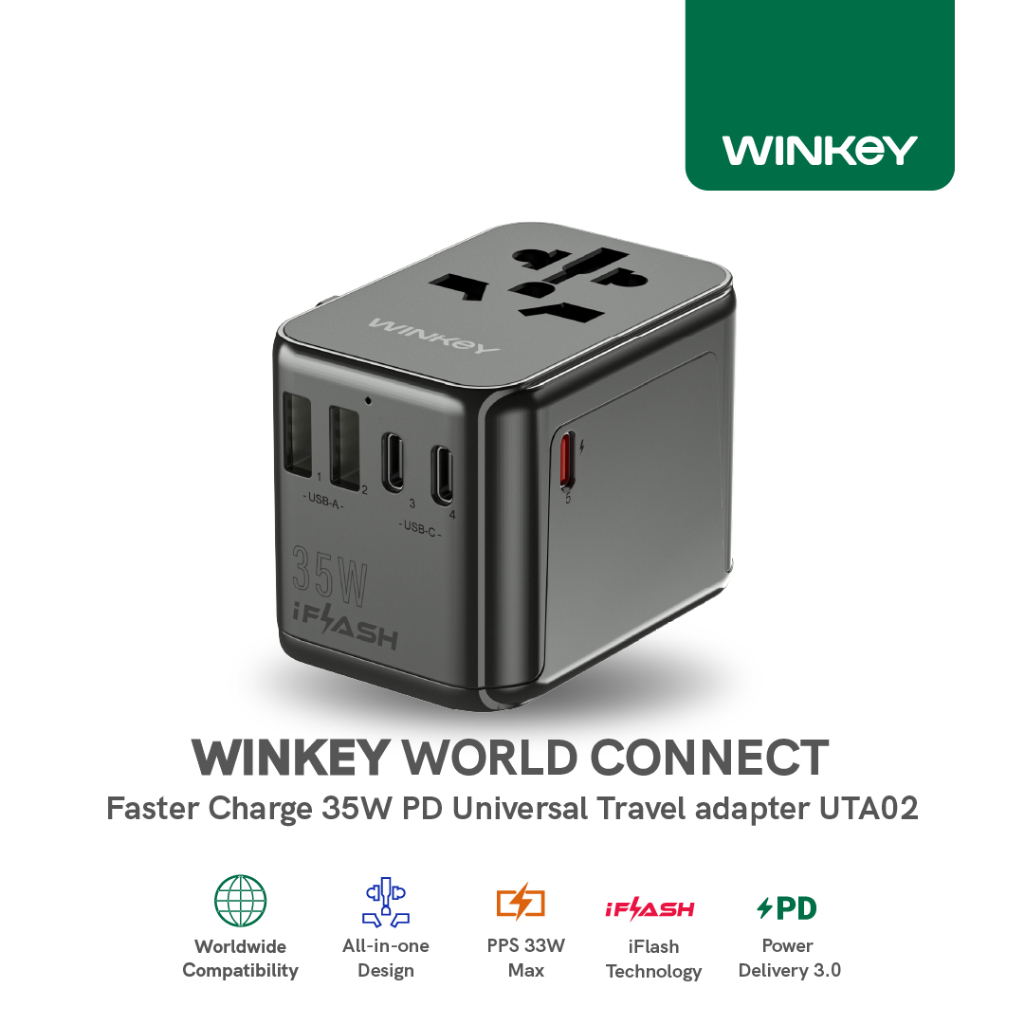 Jual WINKEY Universal Travel Adaptor 35W PPS 5 Port USB & USB C PD ...
