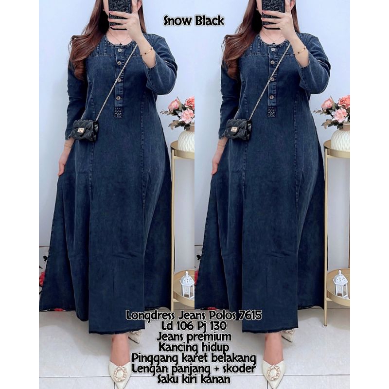 Jual 7615 LONGDRESS JEANS POLOS LENGAN PANJANG WANITA|DRESS MAXI|DRESS JEANS|GAMIS JEANS
