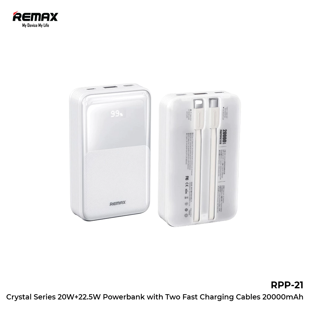 Remax Powerbank Fast 20000mAh Flight Friendly 22,5W+20W Build Cable Type-C+iPh RPP-21
