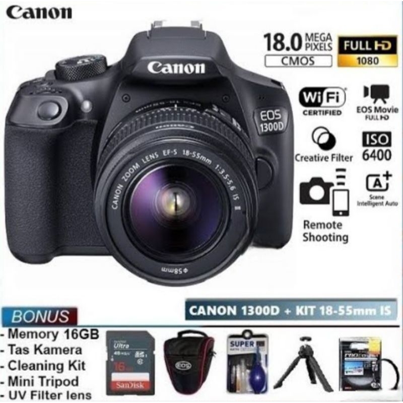 Jual Kamera Canon EOS 1300D WIFI + Lensa Kit 18-55mm + Full Bonus ...