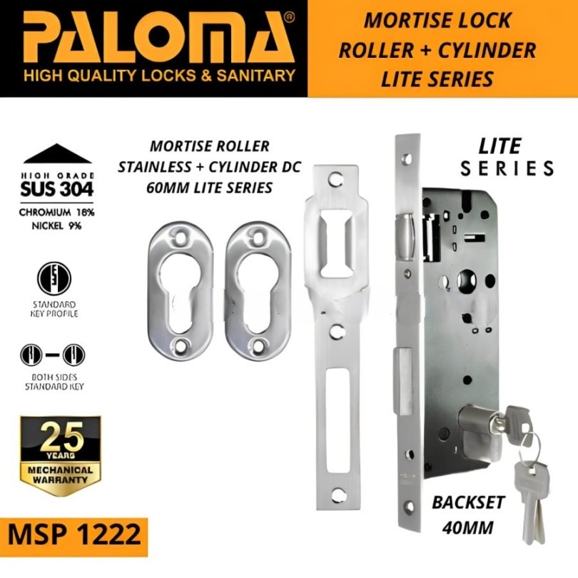 Jual Mortise Lock Roller PALOMA MSP 1222 SUS 304 Set Cylinder 40MM ...