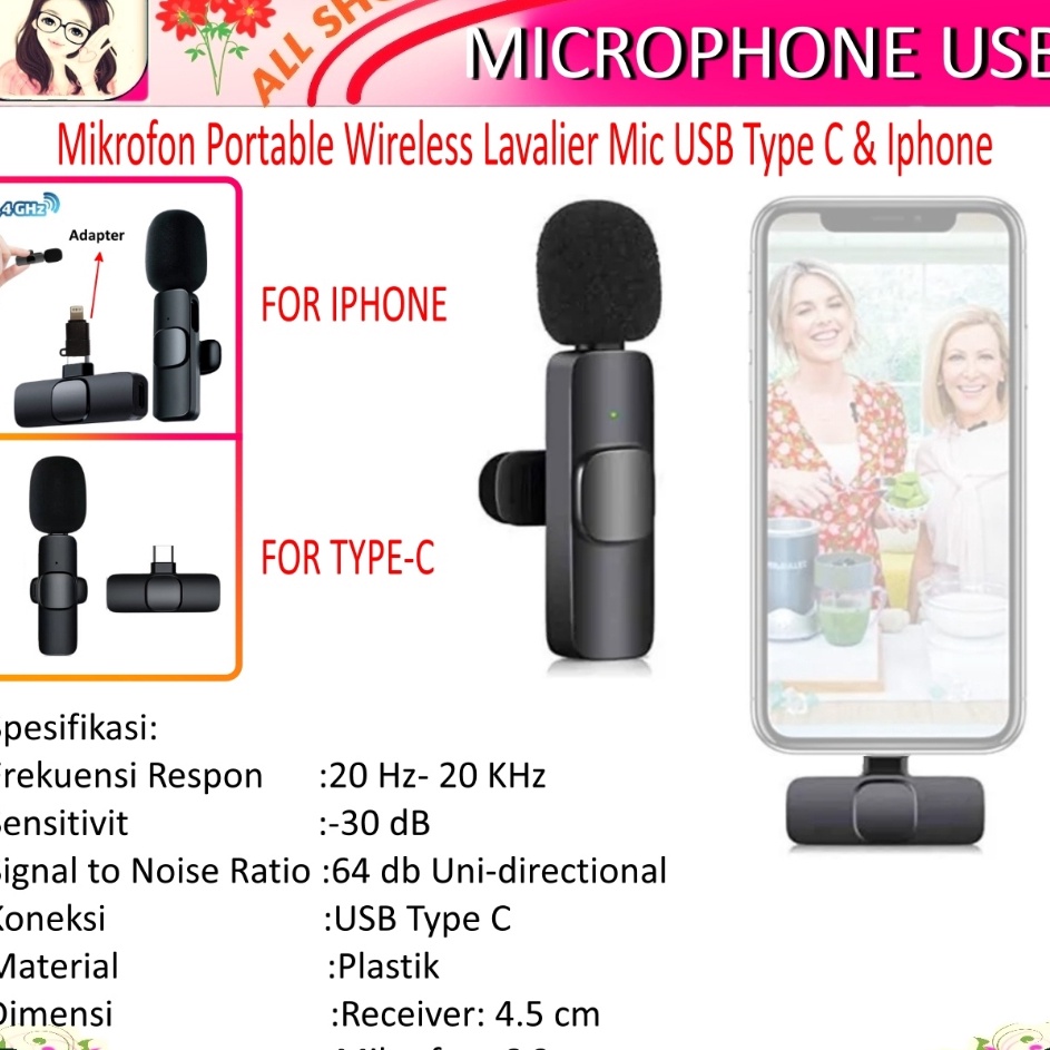 Jual Harga murah Microphone Portable Wireless Lavalier Mic USB Type C