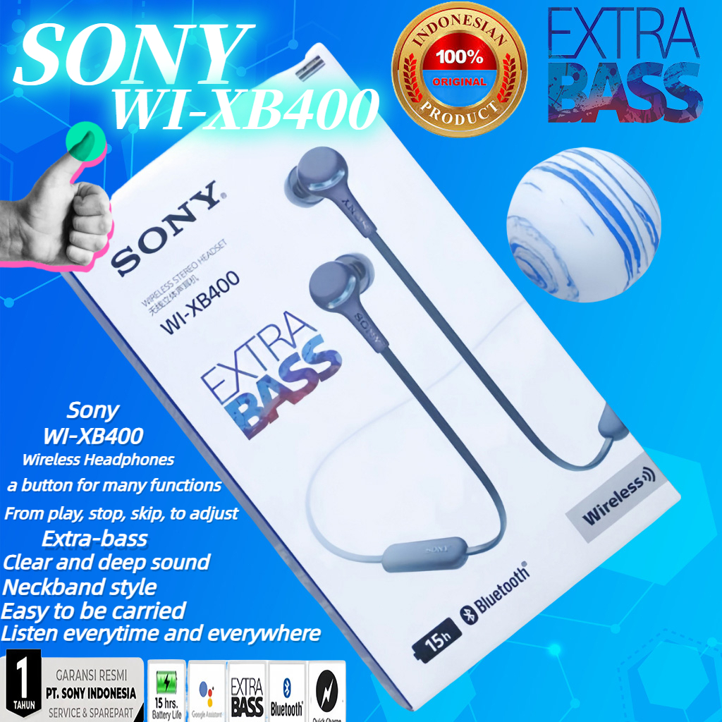 100% Original Sony WI-XB400 Wireless in-ear Extra Bass Battery Up to 15h  With Microphone For Android IOS- SONY Original 100%