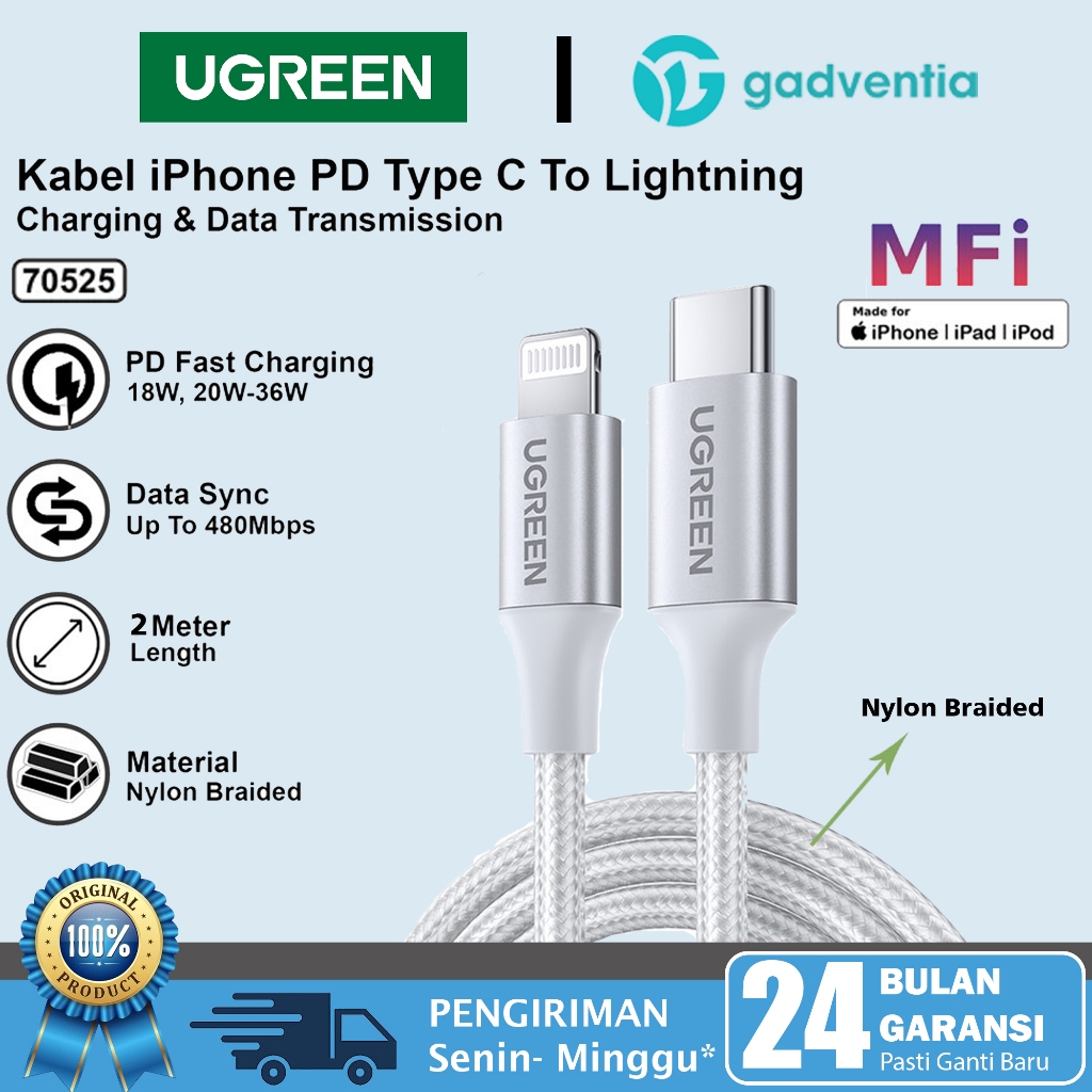 Jual Ugreen Kabel Charger Mfi Untuk Iphone Pro Max Usb C To Lightning Pd Fast