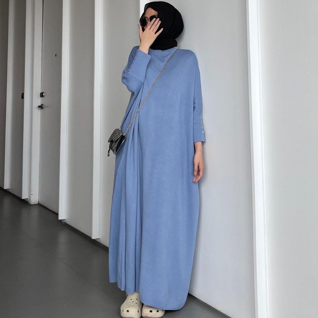 Fashfella Gamis Abaya Basic Batwing Dress Knit Busui Umroh Lebaran Haji  Daily