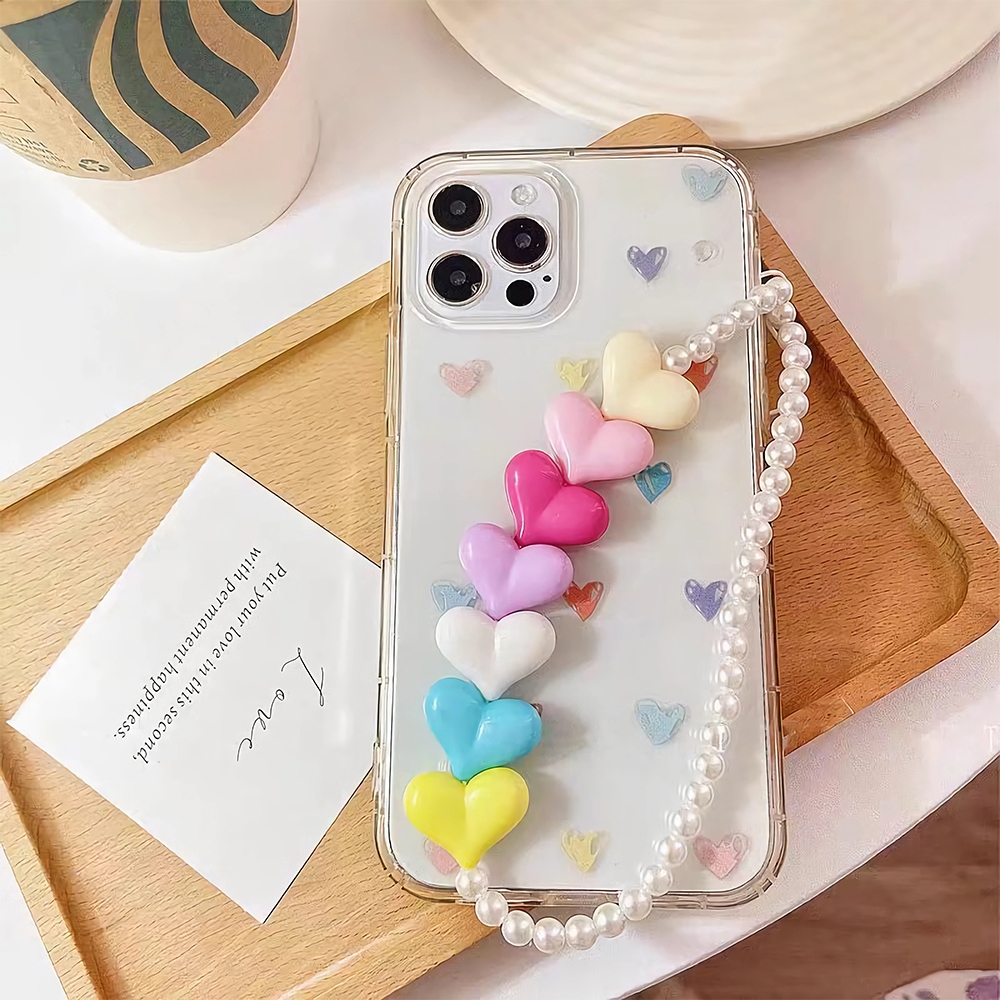 Jual INS Fashion Colorful Phone Case Chain Strap Love Heart White pearls transparent pearls For