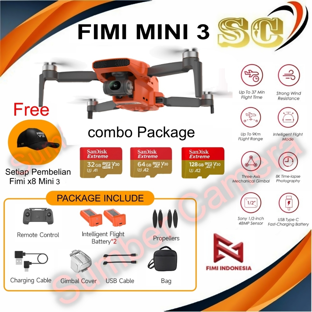 Jual FIMI X8 Mini 3 Combo Drone GPS 9km 4K 3-axis Gimbal 37 Min Flight ...