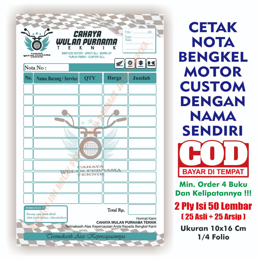 Jual Cetak Nota Bengkel Motor Custom 2 ply Isi 50 lembar 25 sheet Nama ...