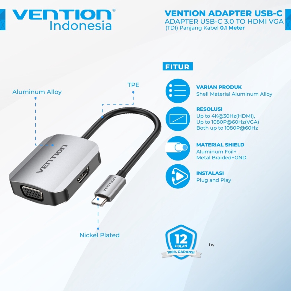 Jual Vention Adapter 4 in 1 USB Type C to HDMI VGA USB 3 PD x N3W9 ...