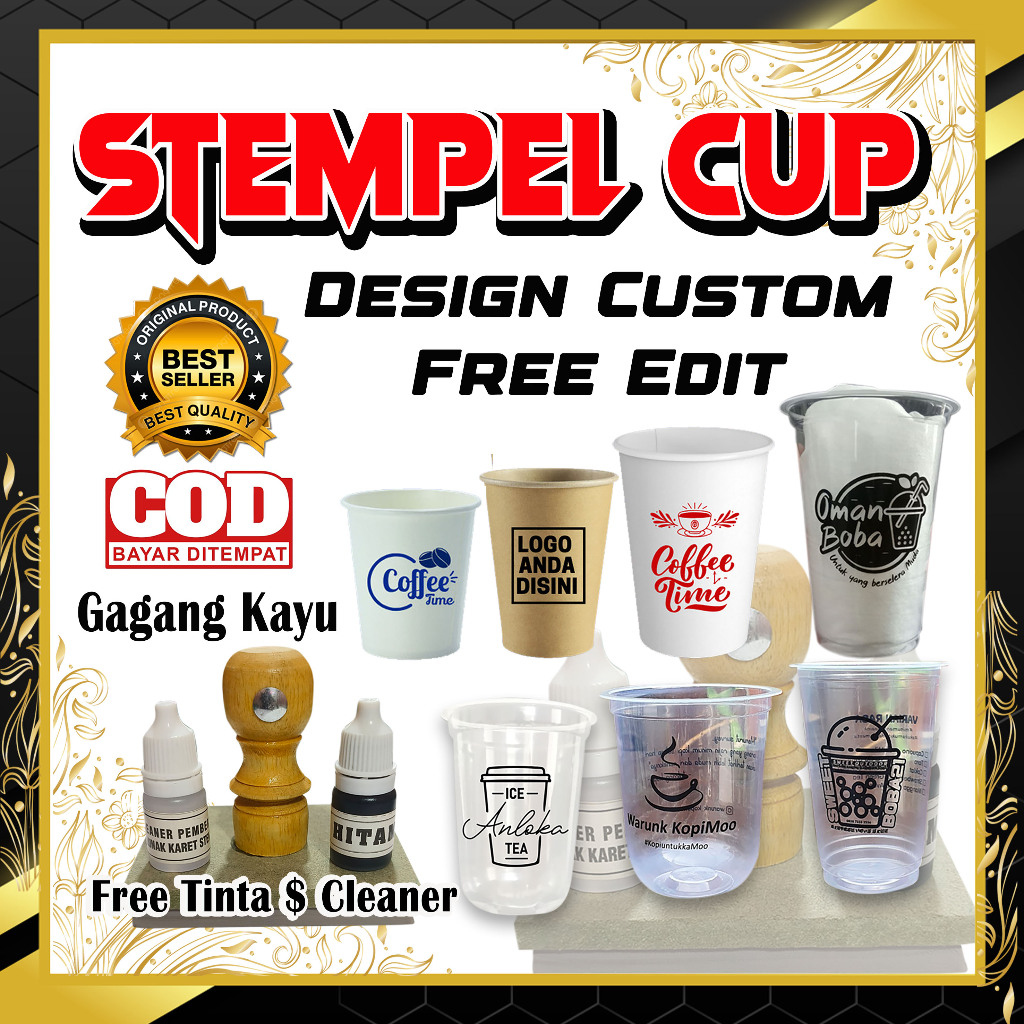 Jual Stempel Plastik Stempel Cup Gagang Kayu Tinta Permanen