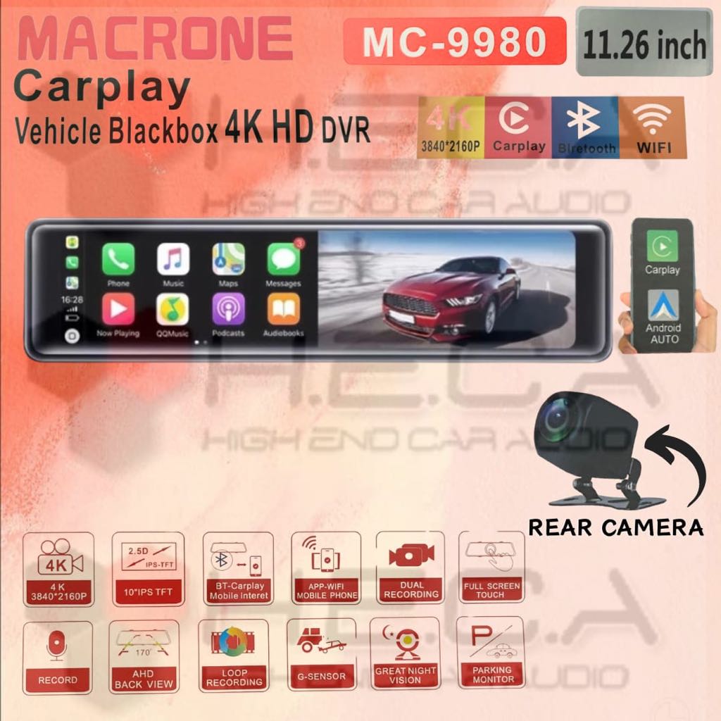 Jual DVR Macrone MC-9980 4K HD CarPlay Kaca Spion Tengah 11.26