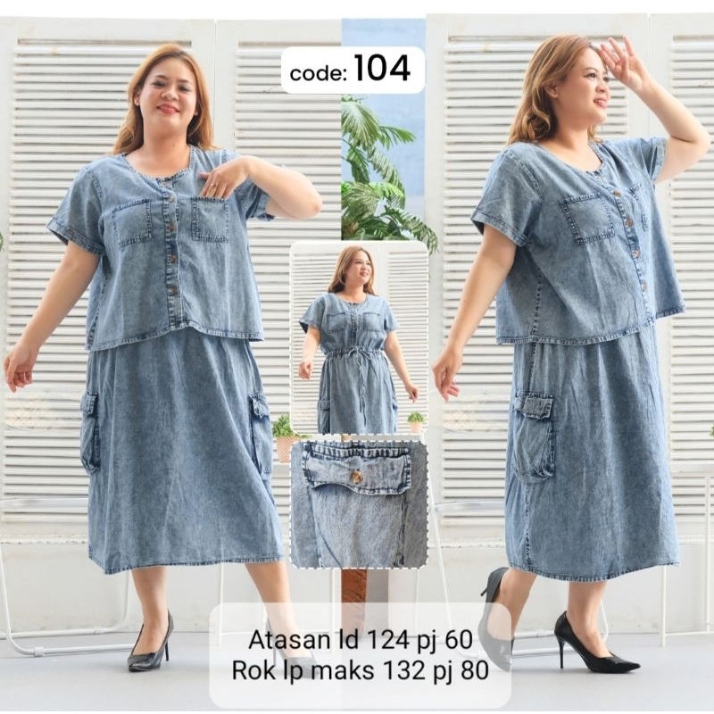 Jual Stelan rok kode 113 bahan jeans snow denim jumbo 4L dan 5L kancing ...