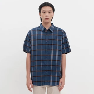 M231 Kemeja Pria Yarn Dyed Kotak Pendek Navy 0148