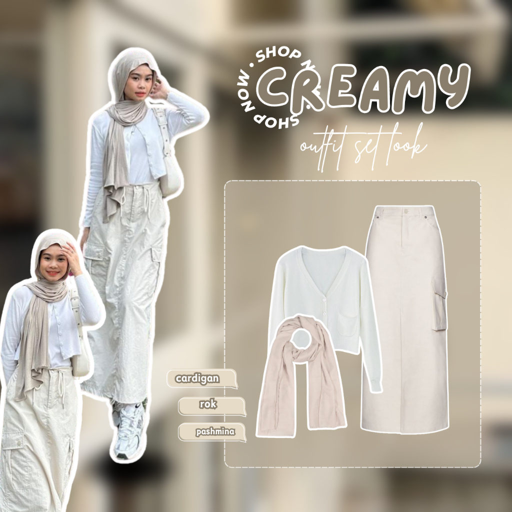 Jual Creamy | Cardigan Putih + Rok Cargo Cream + Pashmina Cream Oneset ...