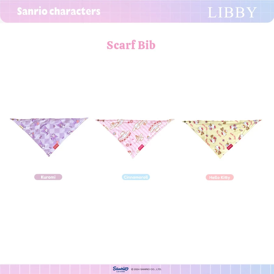 LIBBY Sanrio Bundling Perlengkapan Bayi Kuromi Cinnamoroll Hello Kitty (3 Pcs) Bedong | Sarung Tangan & Kaki Bayi | Topi Tali | Slaber (SCARF BIB CINAMON ROLL)