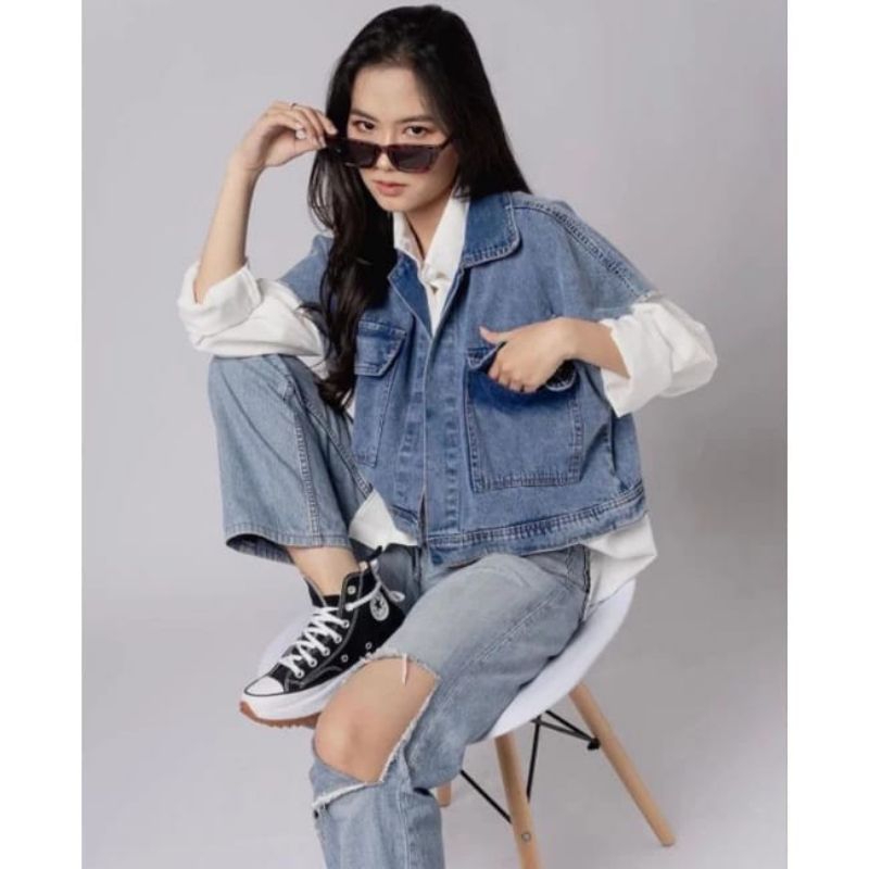 Jual CASSANDRA JACKET ROMPI OVERSIZE JAKET JEANS DENIM ROMPI WANITA ...
