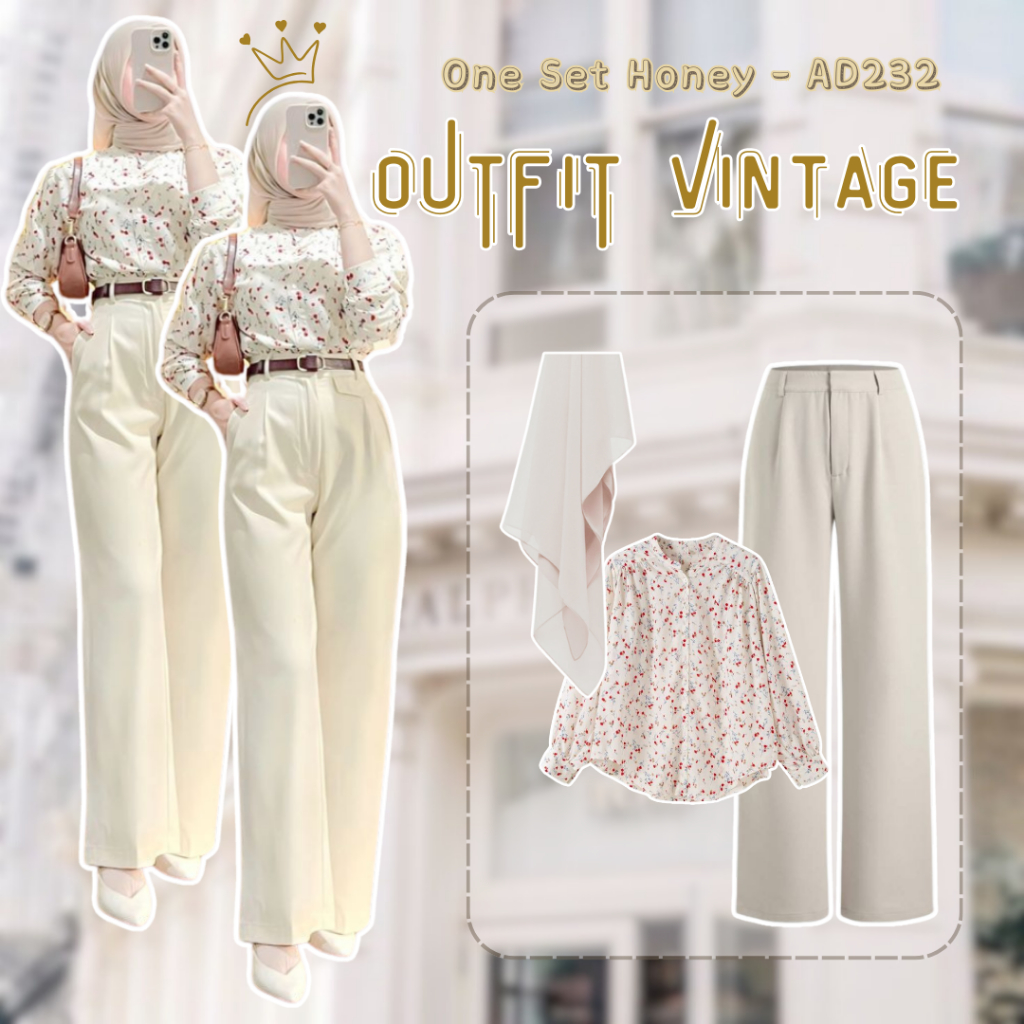 Jual One Set Wanita Kekinian Korean Style One Set 3 In One Set Hijab OOTD Korean Style Outfit Vintage Wanita Remaja Kekinian Ala Pinterest Buat Hangout Ngedate Kuliah Celana Blouse Margaritha Hijab