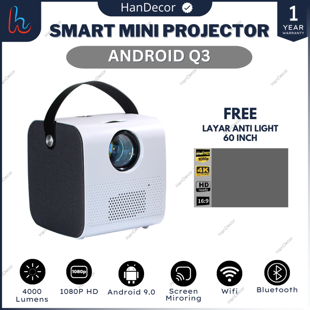 Jual Projector Q3 Android 9.0 LED Mini 1080P 4000 LUMENS BLUETOOTH FULL ...