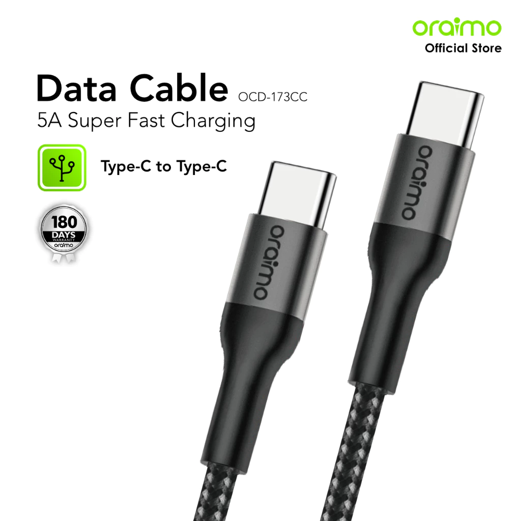 oraimo Kabel Data Type-C 100W 5A OCD-173CC Pengisian Super Cepat Pengisian Cepat 3M Fast Charging Kabel C To C Cas Tipe C